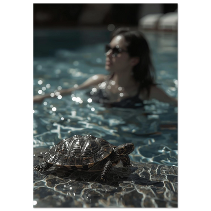 Solsida vid poolen med en vilande sköldpadda, somrig djurposter med bokeh-effekt