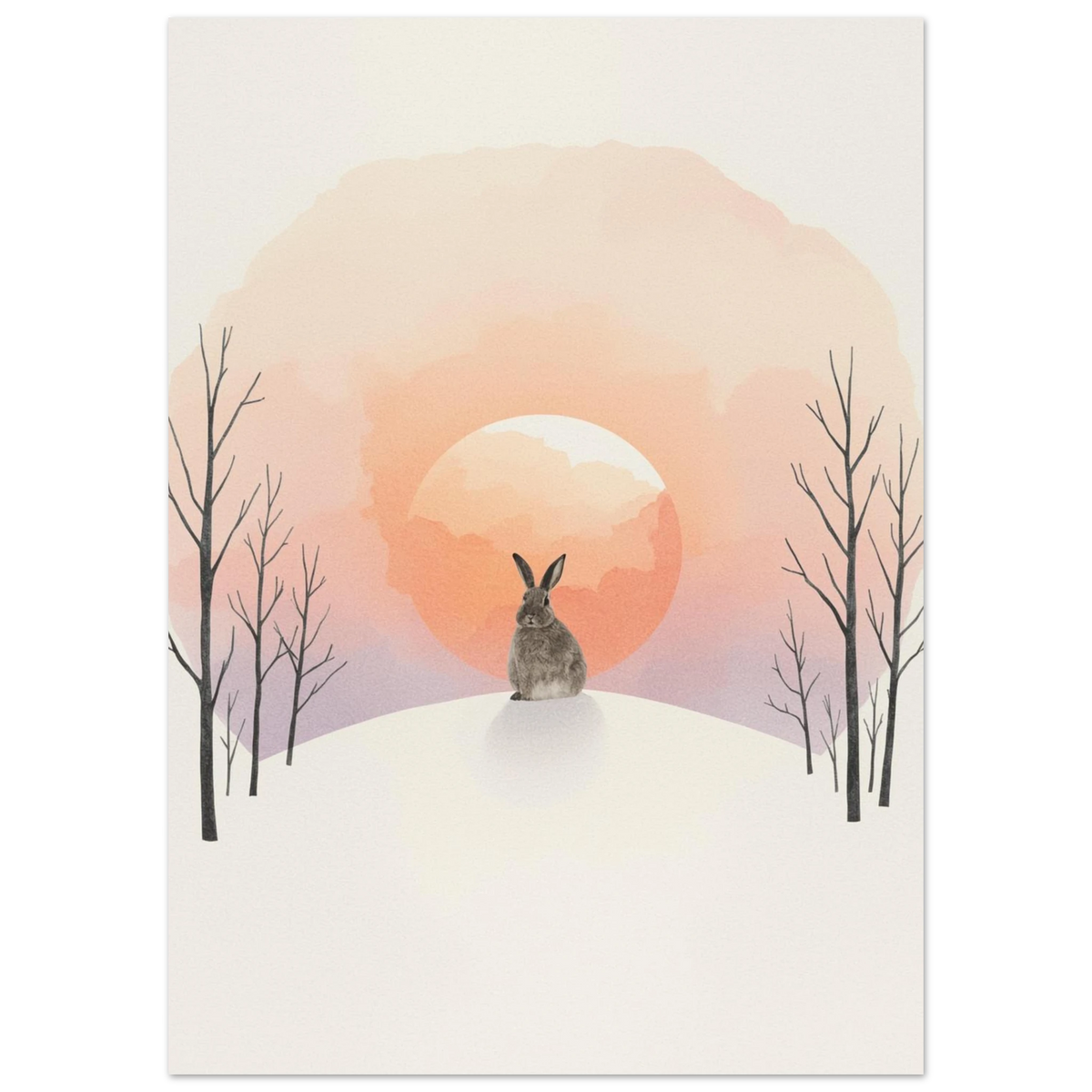Sittande hare i minimalistiskt vinterlandskap med pastellfärgad himmel, djurposter