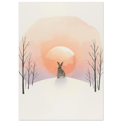 Sittande hare i minimalistiskt vinterlandskap med pastellfärgad himmel, djurposter