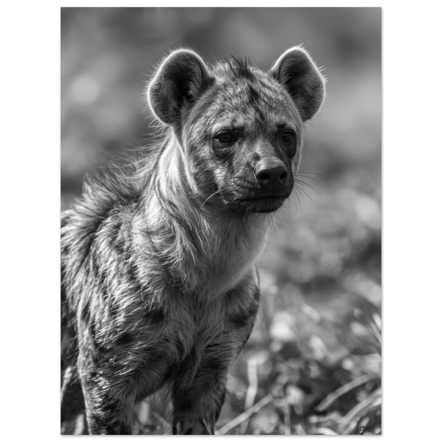 Svartvit väggkonst med en stående hyena på afrikansk savann