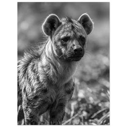Svartvit väggkonst med en stående hyena på afrikansk savann
