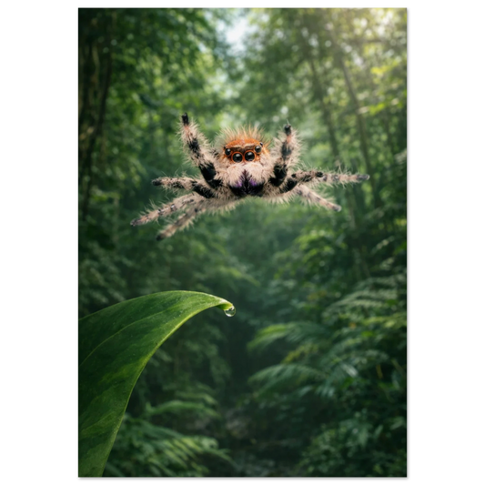 Hoppspindel som hoppar i luften framför gröna blad – Fotorealistisk poster