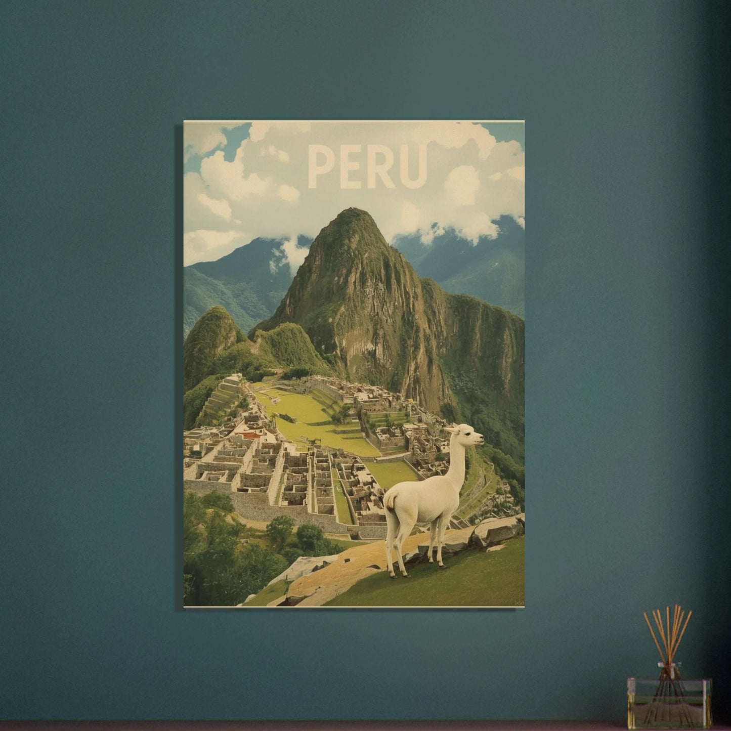 Lama framför Machu Picchu, vintage reseposter illustration