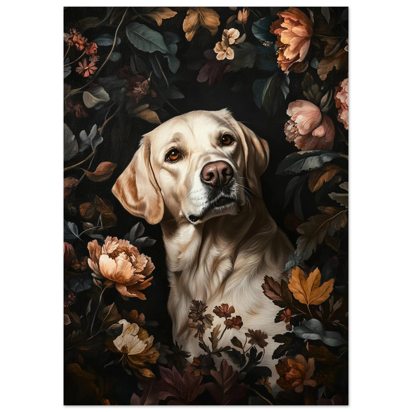 Närbild på hund med trofast blick bland pioner, konstnärlig djurposter
