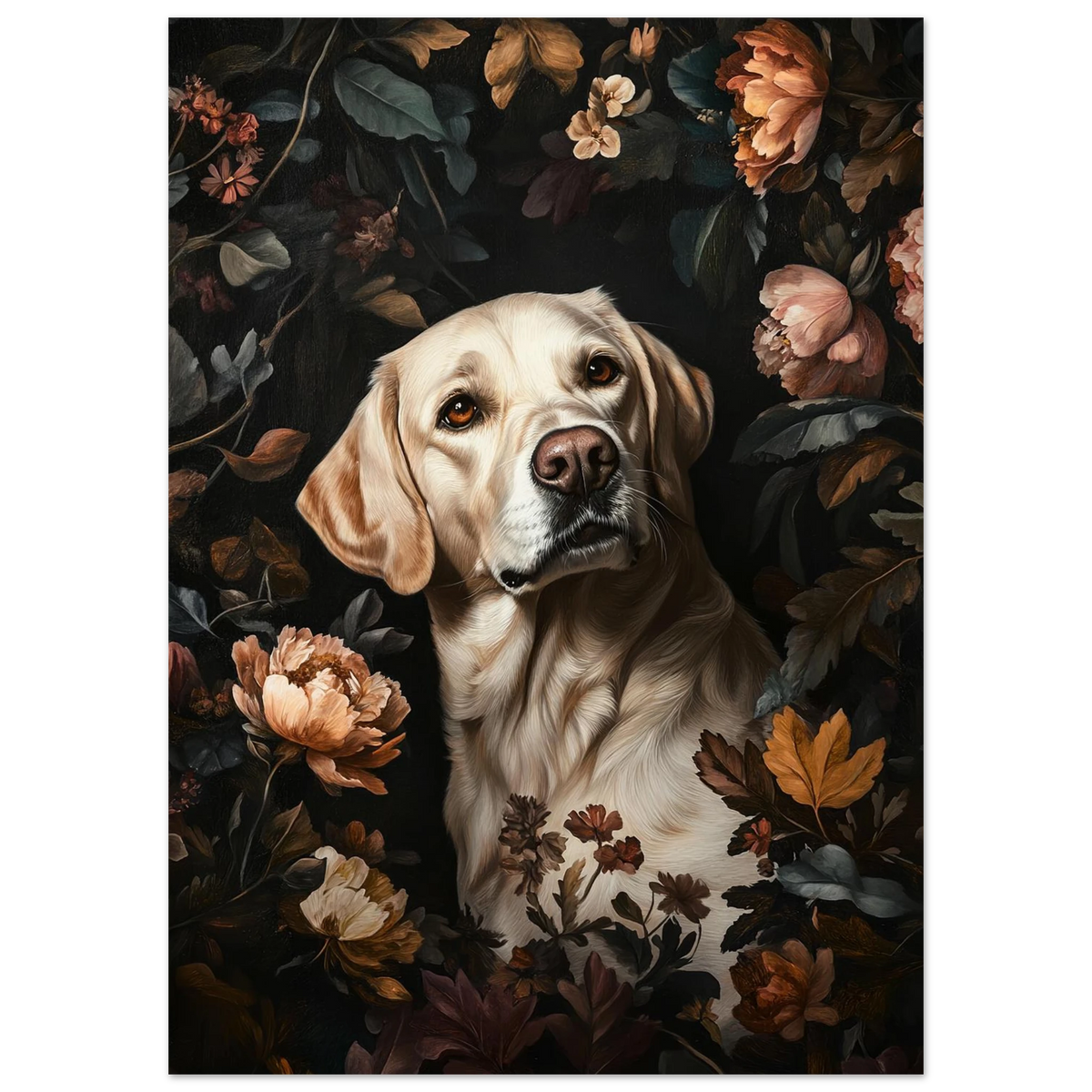 Närbild på hund med trofast blick bland pioner, konstnärlig djurposter