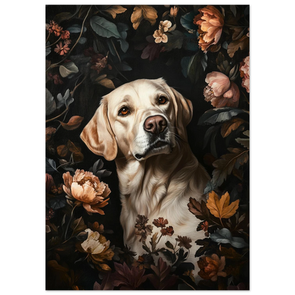 Närbild på hund med trofast blick bland pioner, konstnärlig djurposter