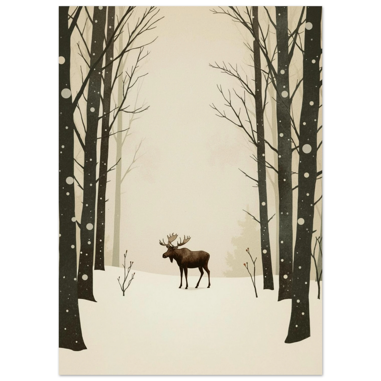 Stämningsfull älgposter i vinterlandskap med minimalistiska detaljer och snöfall