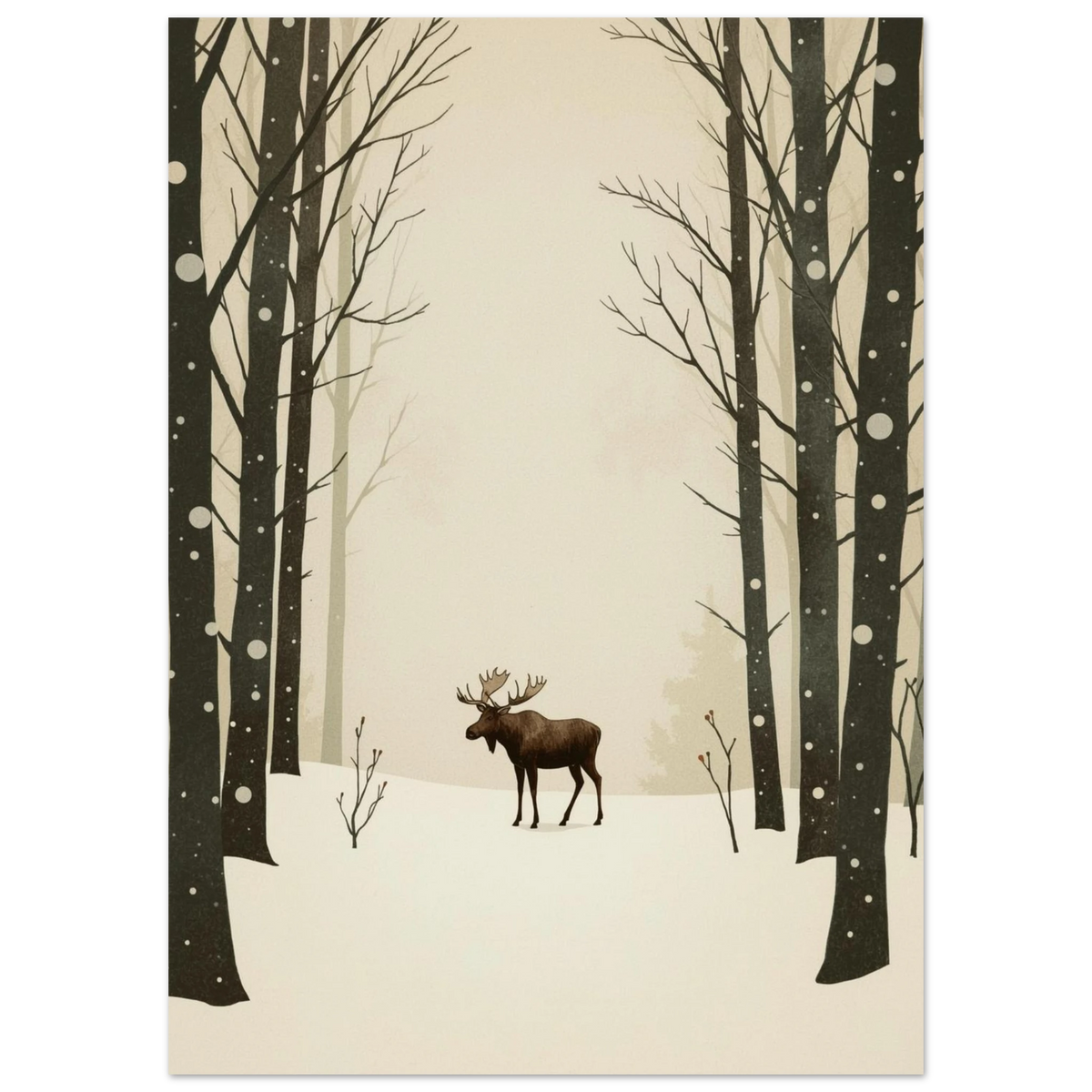 Stämningsfull älgposter i vinterlandskap med minimalistiska detaljer och snöfall