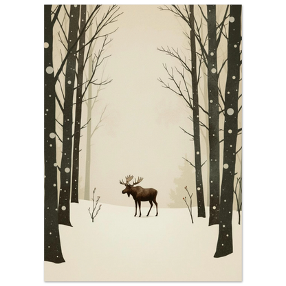 Stämningsfull älgposter i vinterlandskap med minimalistiska detaljer och snöfall