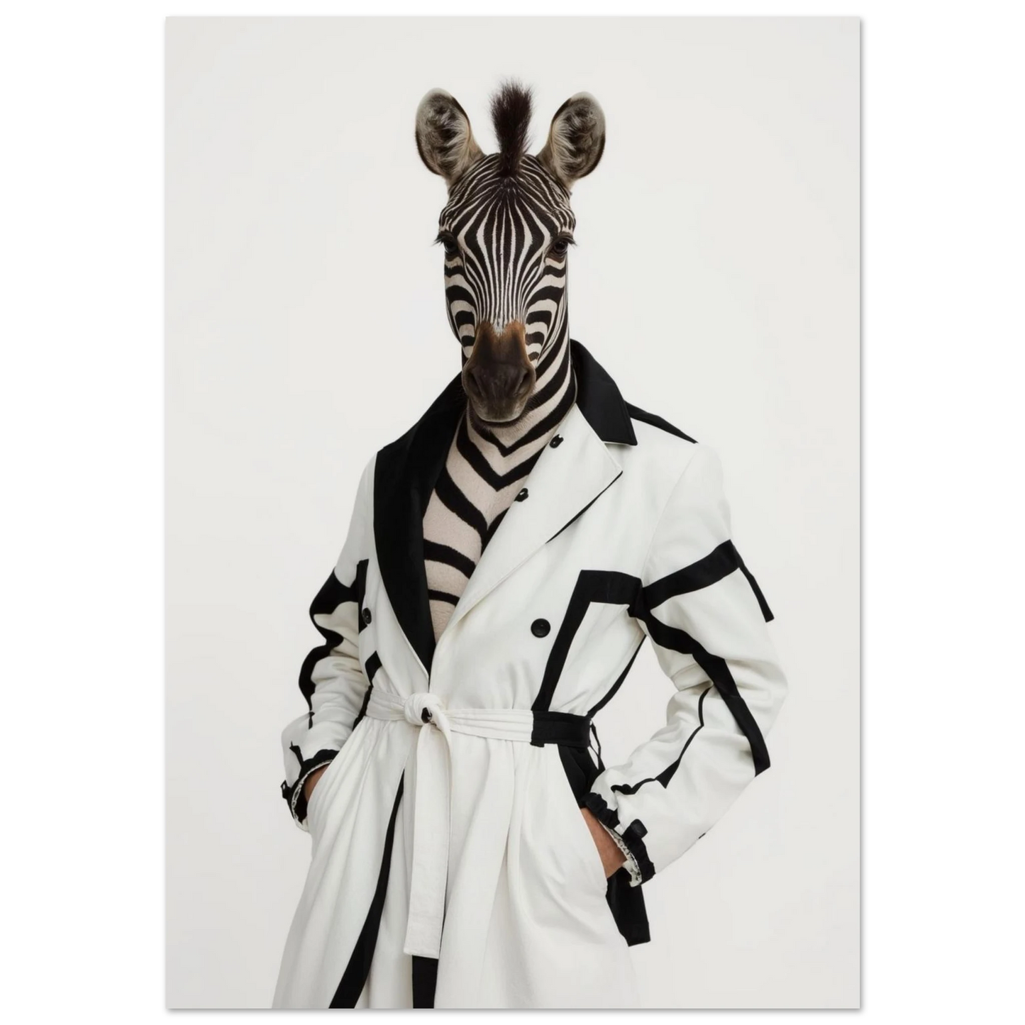 Zebra i vit designkappa med svarta detaljer – surrealistisk modeillustration