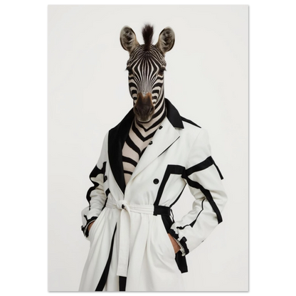 Zebra i vit designkappa med svarta detaljer – surrealistisk modeillustration