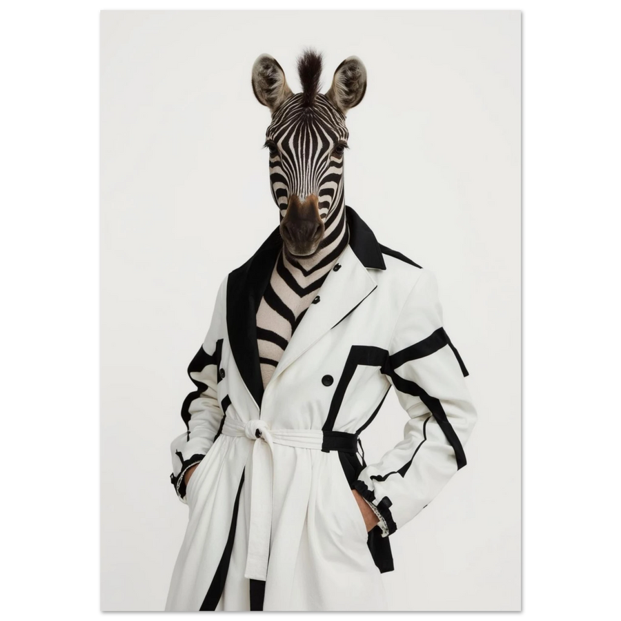Zebra i vit designkappa med svarta detaljer – surrealistisk modeillustration
