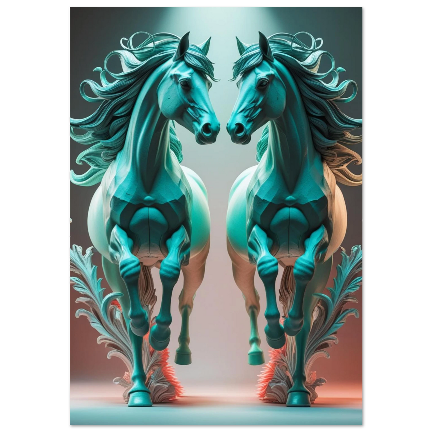 Symmetrisk turkos hästposter med två speglade hästar i digital skulpturstil