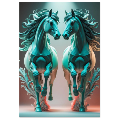 Symmetrisk turkos hästposter med två speglade hästar i digital skulpturstil