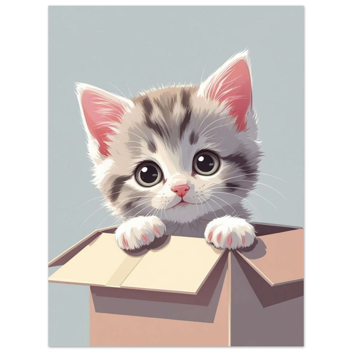 Illustration av liten katt i låda mot ljusgrå bakgrund, djurmotiv
