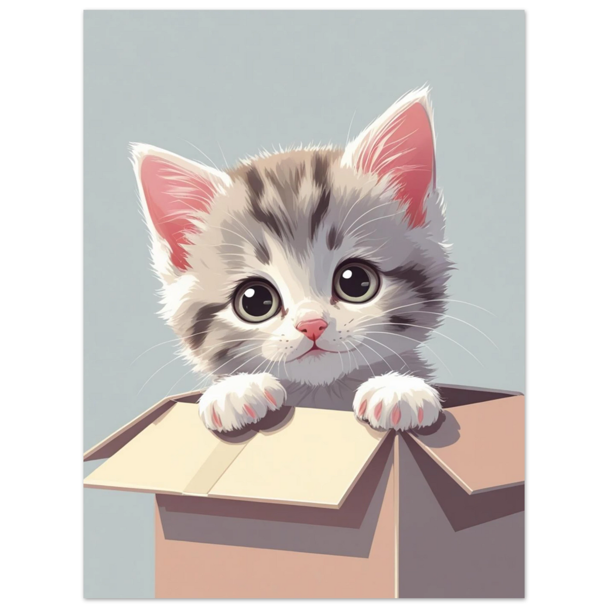 Illustration av liten katt i låda mot ljusgrå bakgrund, djurmotiv
