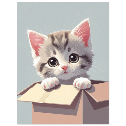 Illustration av liten katt i låda mot ljusgrå bakgrund, djurmotiv