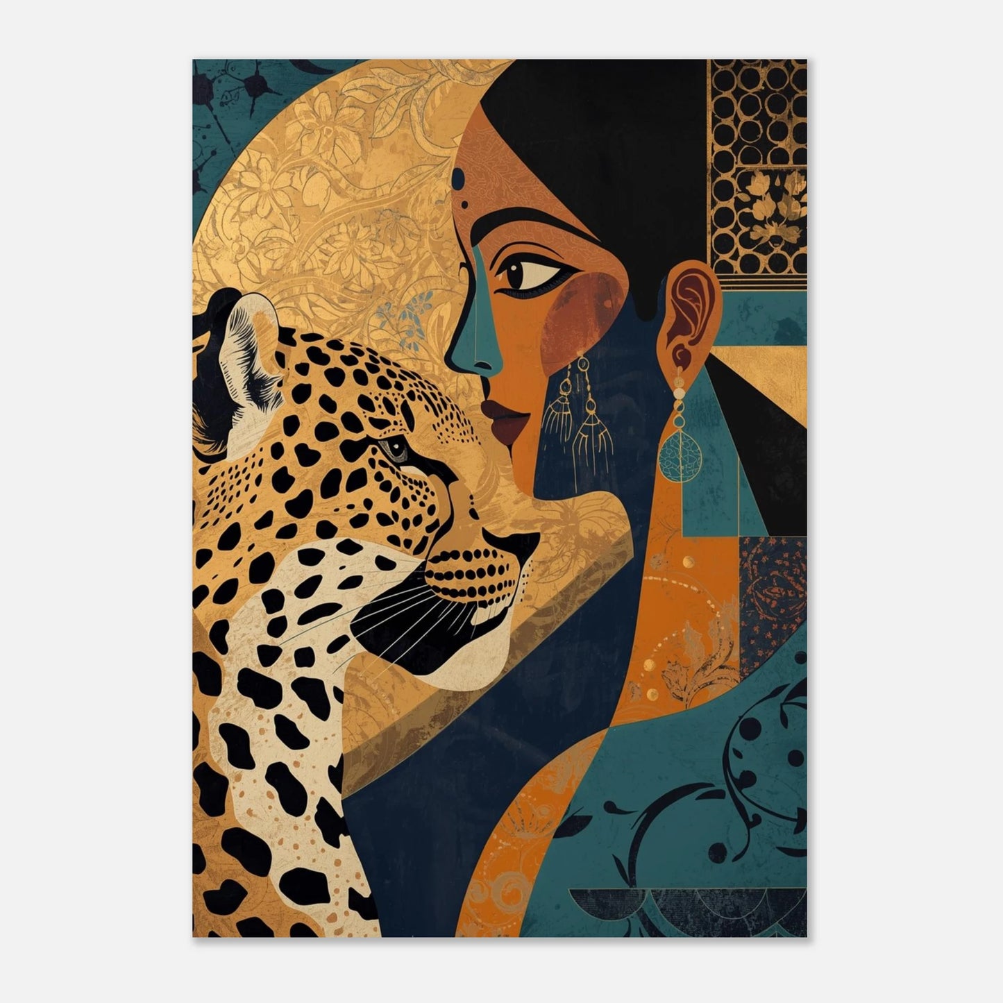 Exotisk leopardposter med rika detaljer i guld och midnattsblått, väggkonst