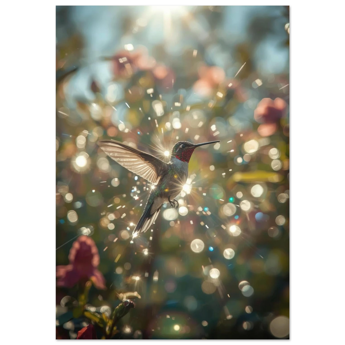 Kolibri i motljus med glittrande bokeh-effekt – magisk djurposter på svart bakgrund