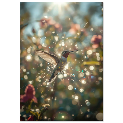 Kolibri i motljus med glittrande bokeh-effekt – magisk djurposter på svart bakgrund