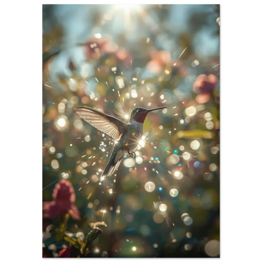 Kolibri i motljus med glittrande bokeh-effekt – magisk djurposter på svart bakgrund
