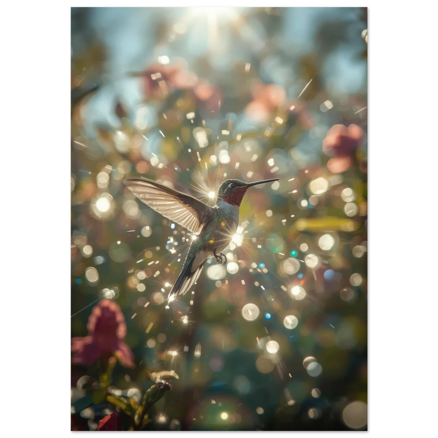Kolibri i motljus med glittrande bokeh-effekt – magisk djurposter på svart bakgrund