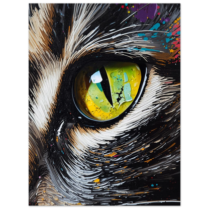 Taktil konstposter med kattmotiv i modern stil med lila och blå detaljer
