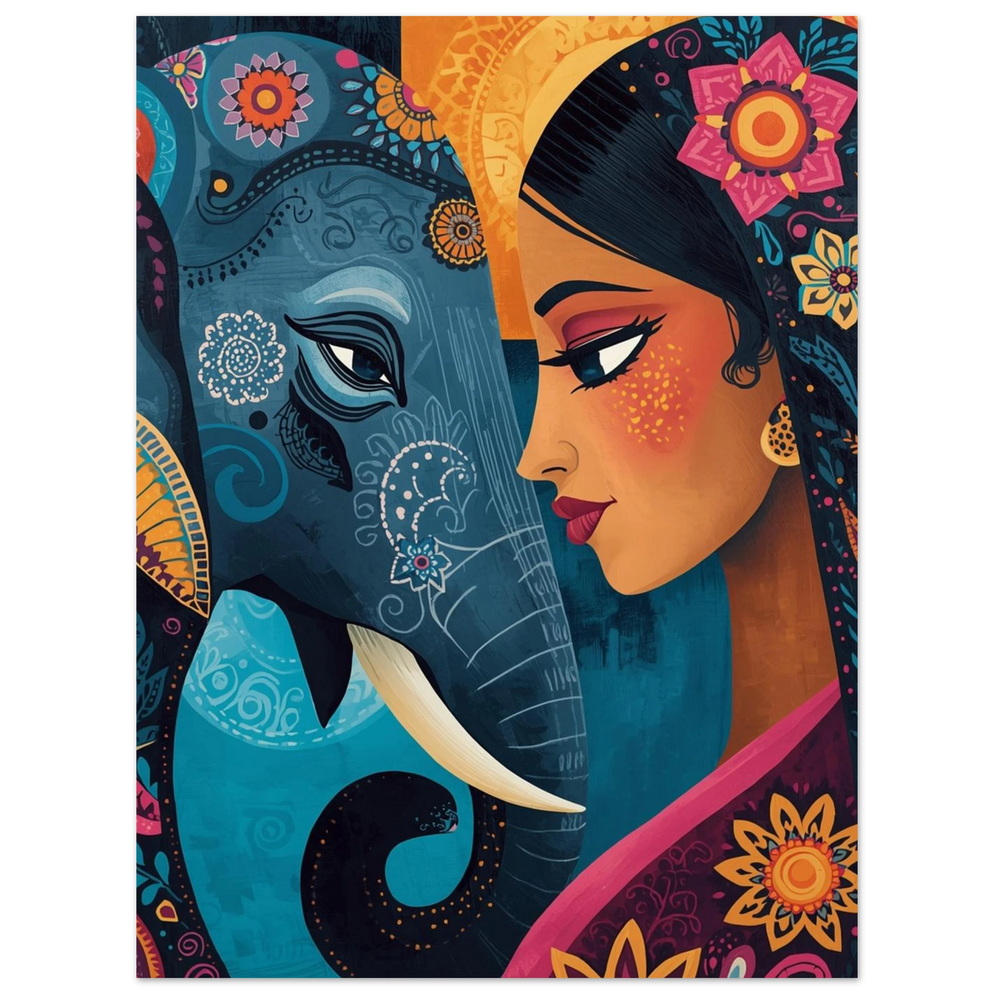 Färgstark illustration av elefant med guldiga detaljer och blommotiv