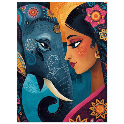Färgstark illustration av elefant med guldiga detaljer och blommotiv