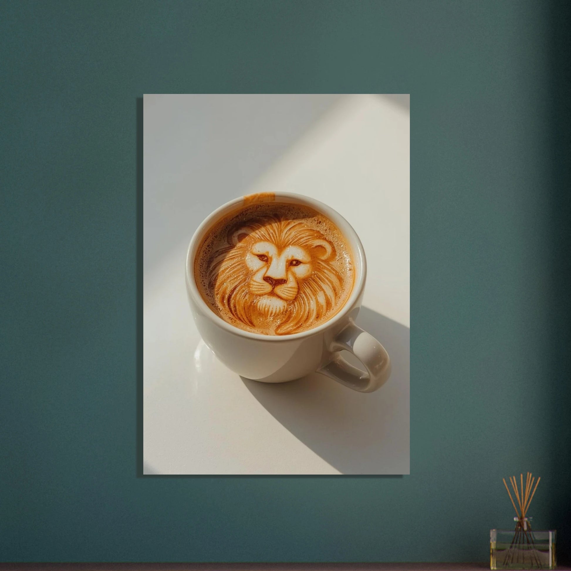Lejonmotiv i kaffekonst, kreativ latte art i en kopp