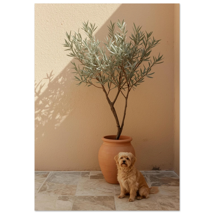 Liten beige hund sitter vid olivträd i terrakottakruka, varmt solljus