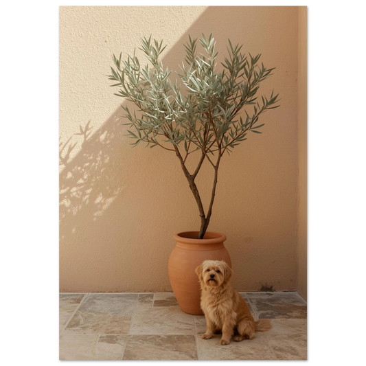 Liten beige hund sitter vid olivträd i terrakottakruka, varmt solljus