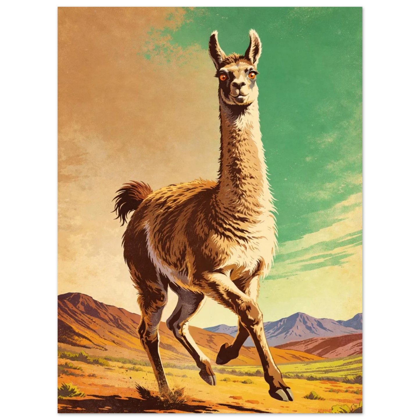 Grafiskt naturmotiv av en lama med bergstoppar i bakgrunden – vintage stil