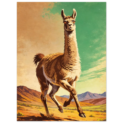 Grafiskt naturmotiv av en lama med bergstoppar i bakgrunden – vintage stil