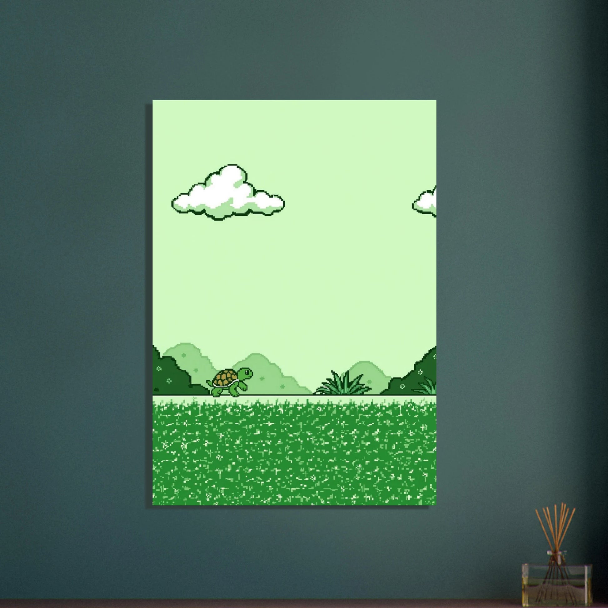 Pixelkonstsköldpadda i grönt landskap, retro Game Boy-stil, lugn stämning.