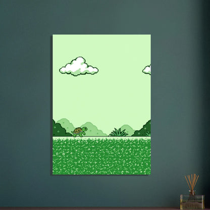 Pixelkonstsköldpadda i grönt landskap, retro Game Boy-stil, lugn stämning.