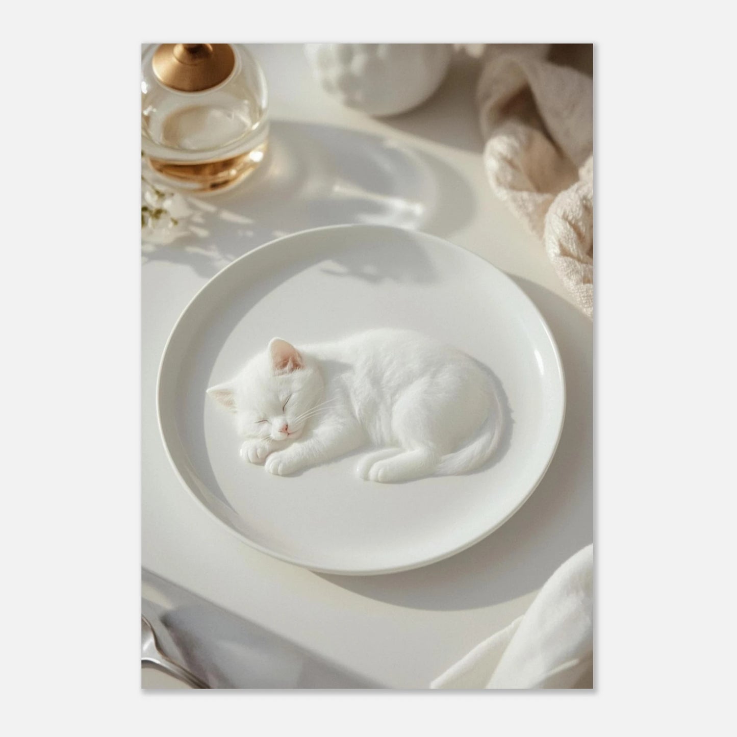 Surrealistisk fotokonst föreställande en sovande kattunge på en tallrik