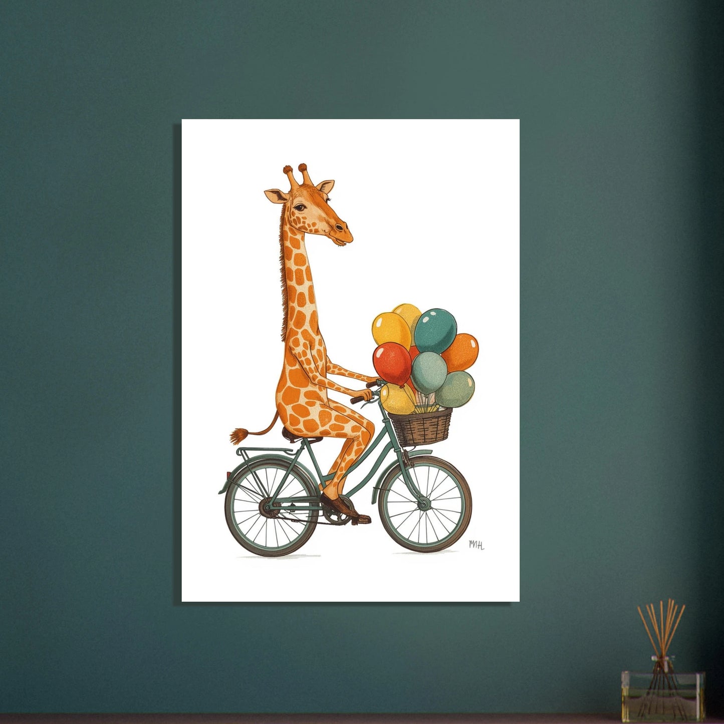Lekfull giraff cyklar med färgglada ballonger, retrostil