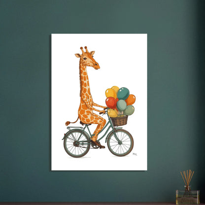 Lekfull giraff cyklar med färgglada ballonger, retrostil