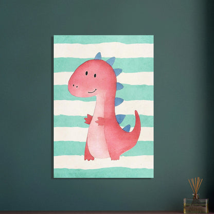 Lekfull rosa dinosaurie med blå taggar mot randig bakgrund, barnmotiv.