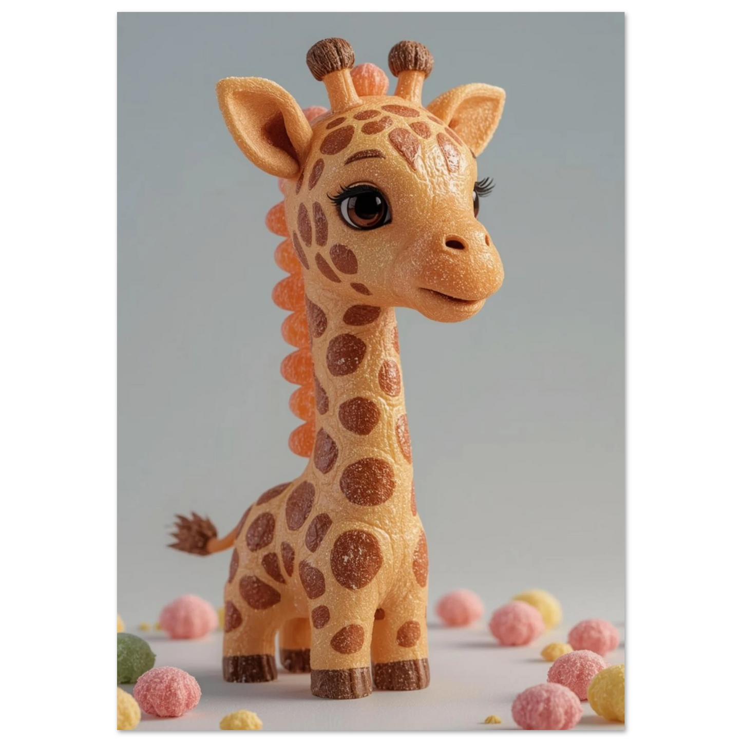 Lekfull giraffposter med motiv av en sockerbagad figur och pastellgodis