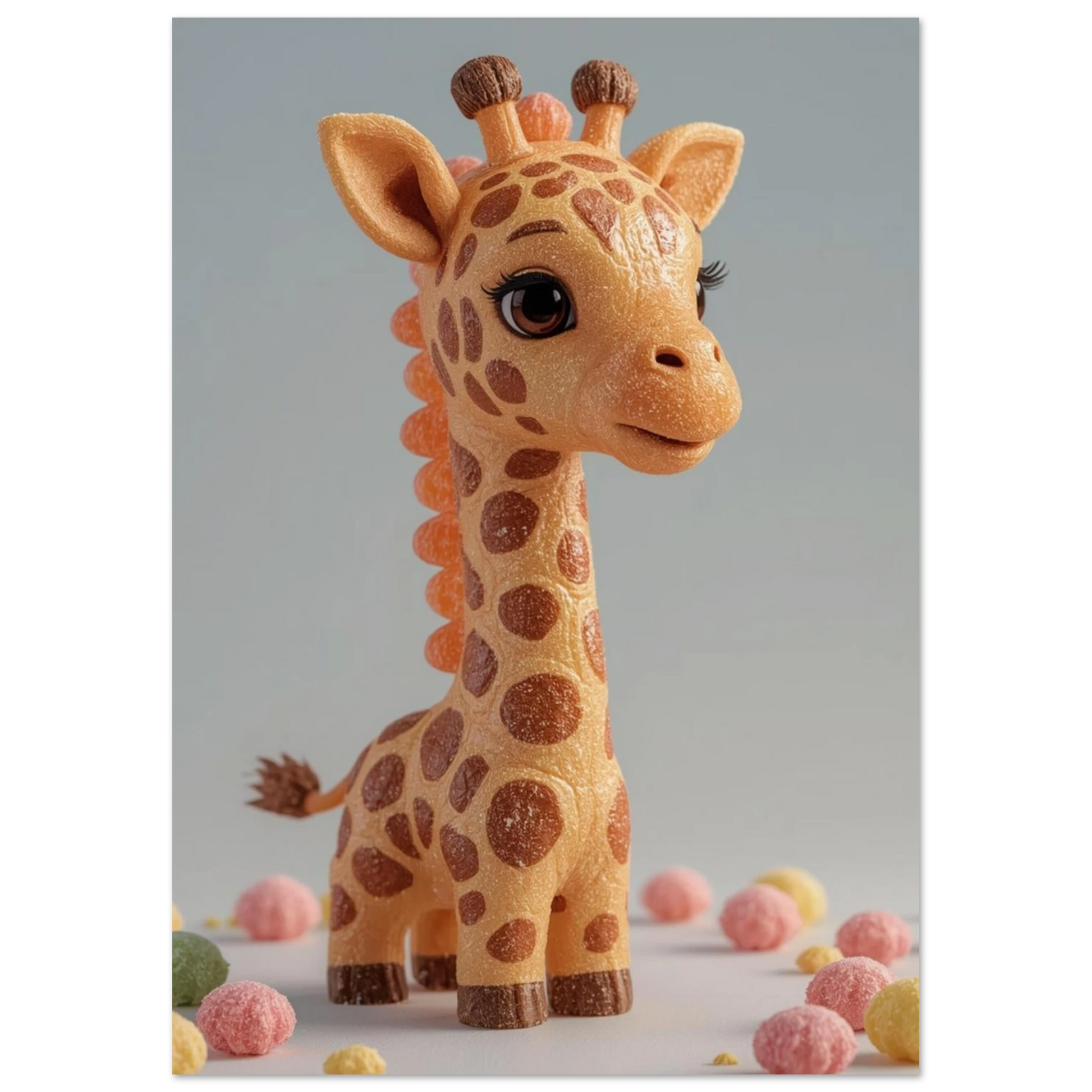 Lekfull giraffposter med motiv av en sockerbagad figur och pastellgodis