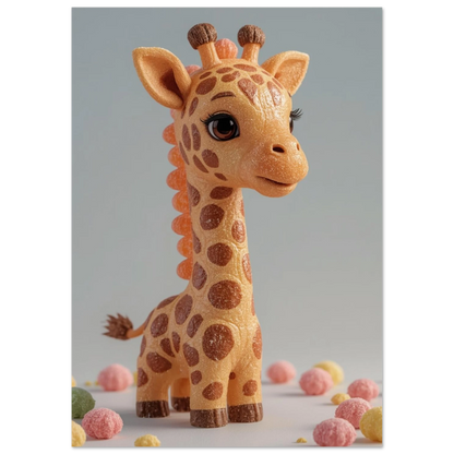 Lekfull giraffposter med motiv av en sockerbagad figur och pastellgodis