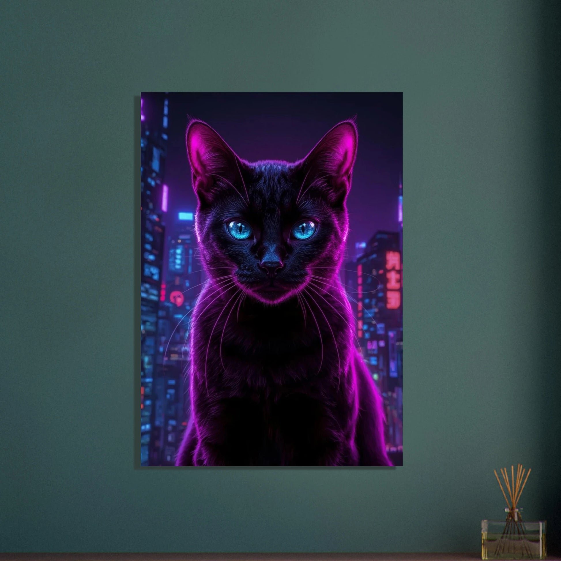 Svart katt med lysande lila päls och blå ögon i cyberpunkstad.