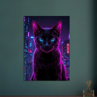 Svart katt med lysande lila päls och blå ögon i cyberpunkstad.