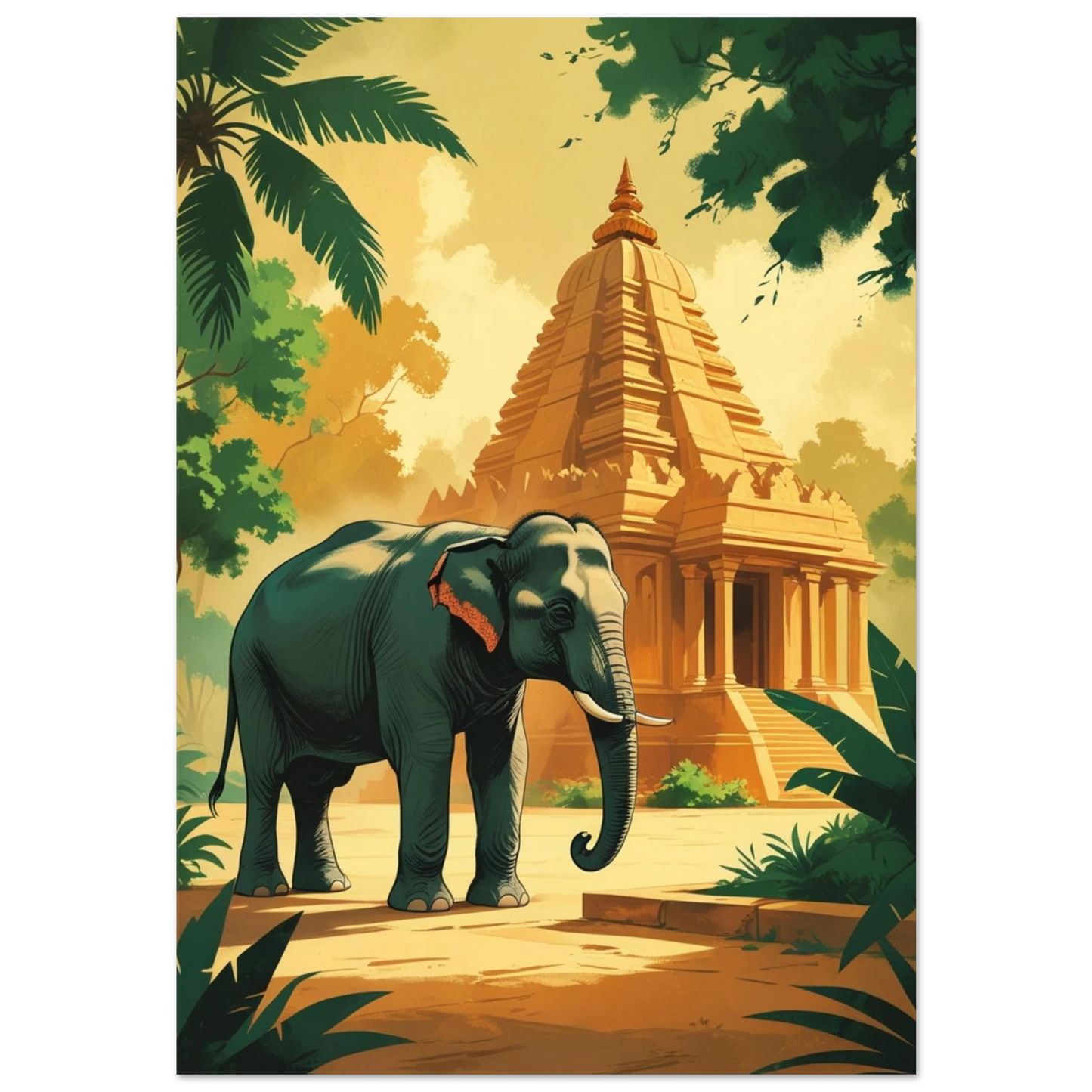 Elefant framför gyllene tempel i djungeln – vintageinspirerad djurposter