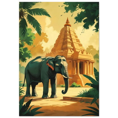 Elefant framför gyllene tempel i djungeln – vintageinspirerad djurposter