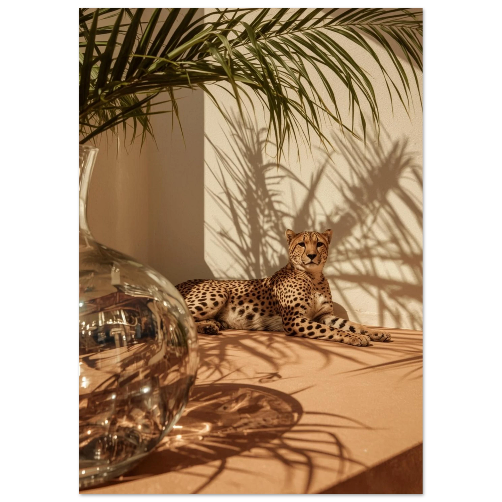 Närbild på gepard i solljus med reflektioner i en glaskaraff
