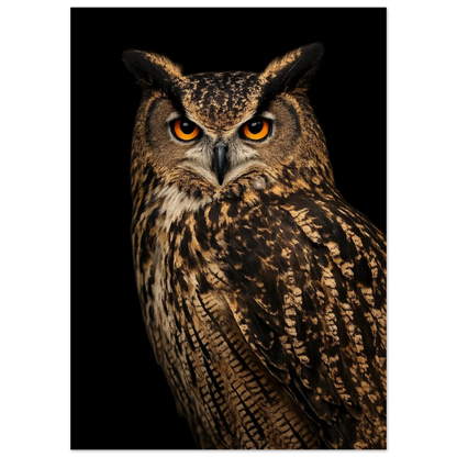 Närbild av berguvens ansikte och bröstfjädrar mot en svart bakgrund – Fotorealistisk poster