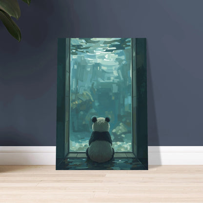 Söt panda betraktar en abstrakt undervattensvärld genom tjockt glas.